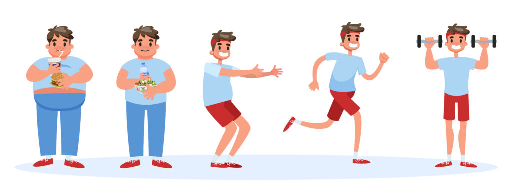 From fat to thin banner concept. Overweight man become thin and fit. Idea of diet and fitness. Isolated vector cartoon illustration